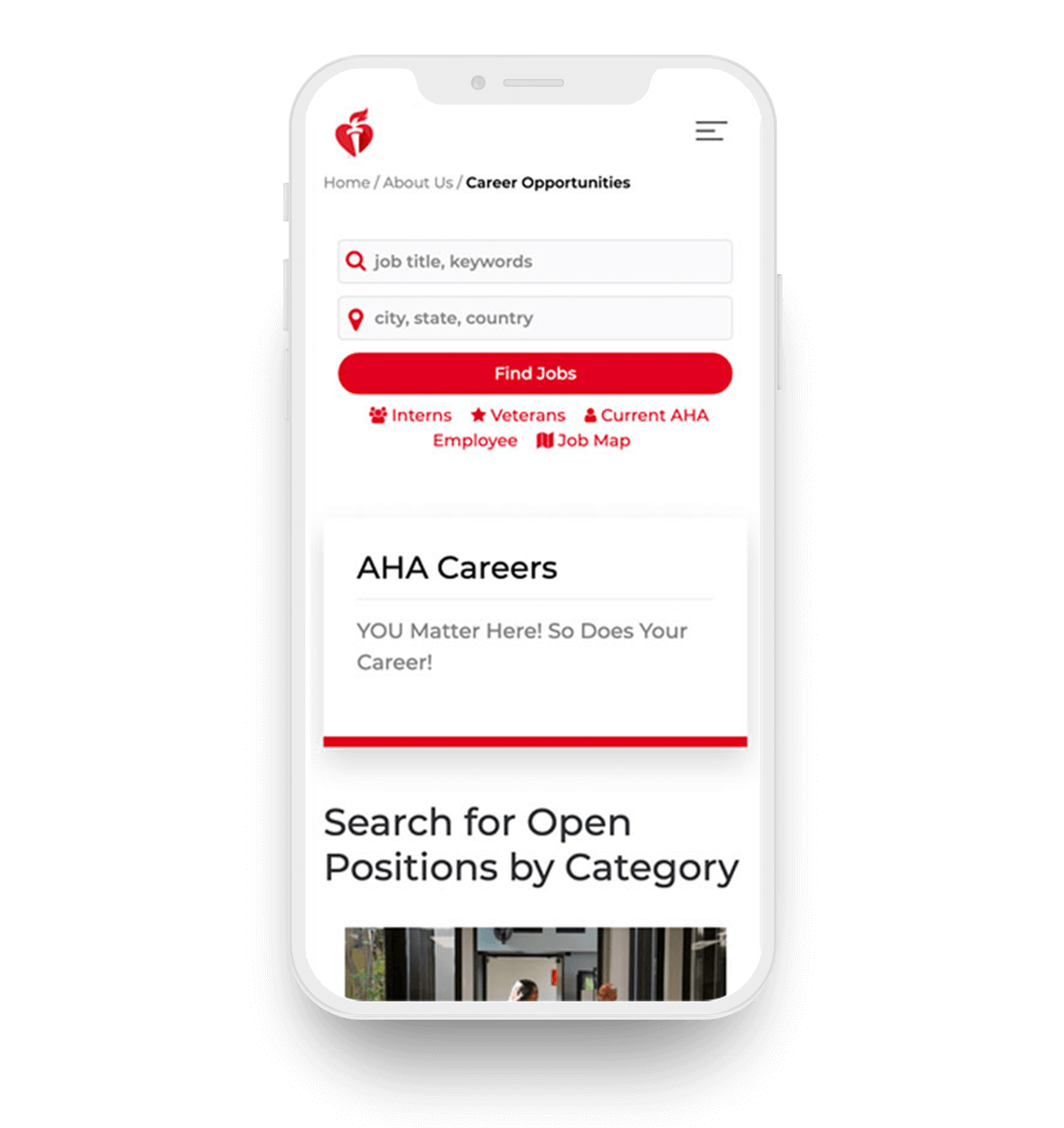 Mobile phone screen displaying American Heart Association career opportunities