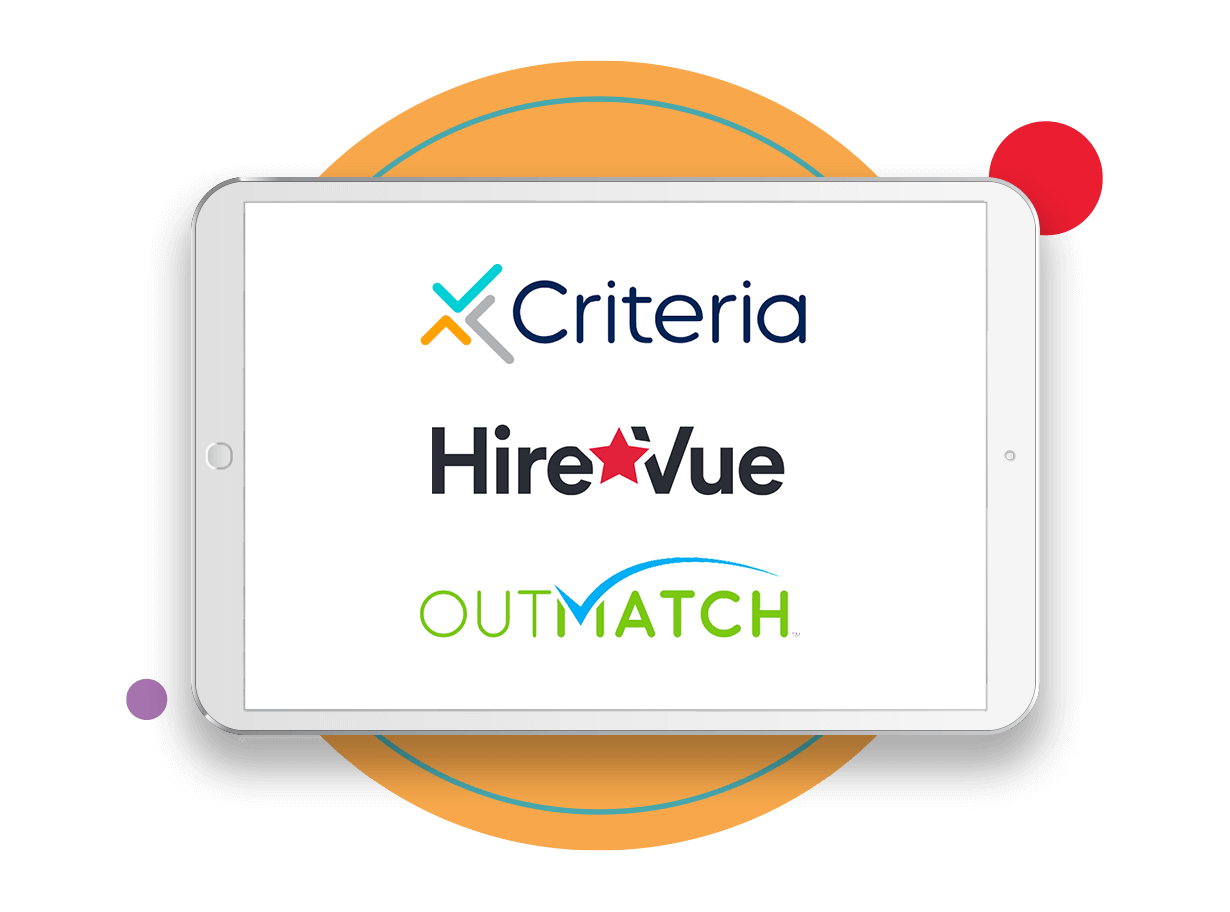 Tablet screen displaying the logos of Criteria, HireVue, and Outmatch