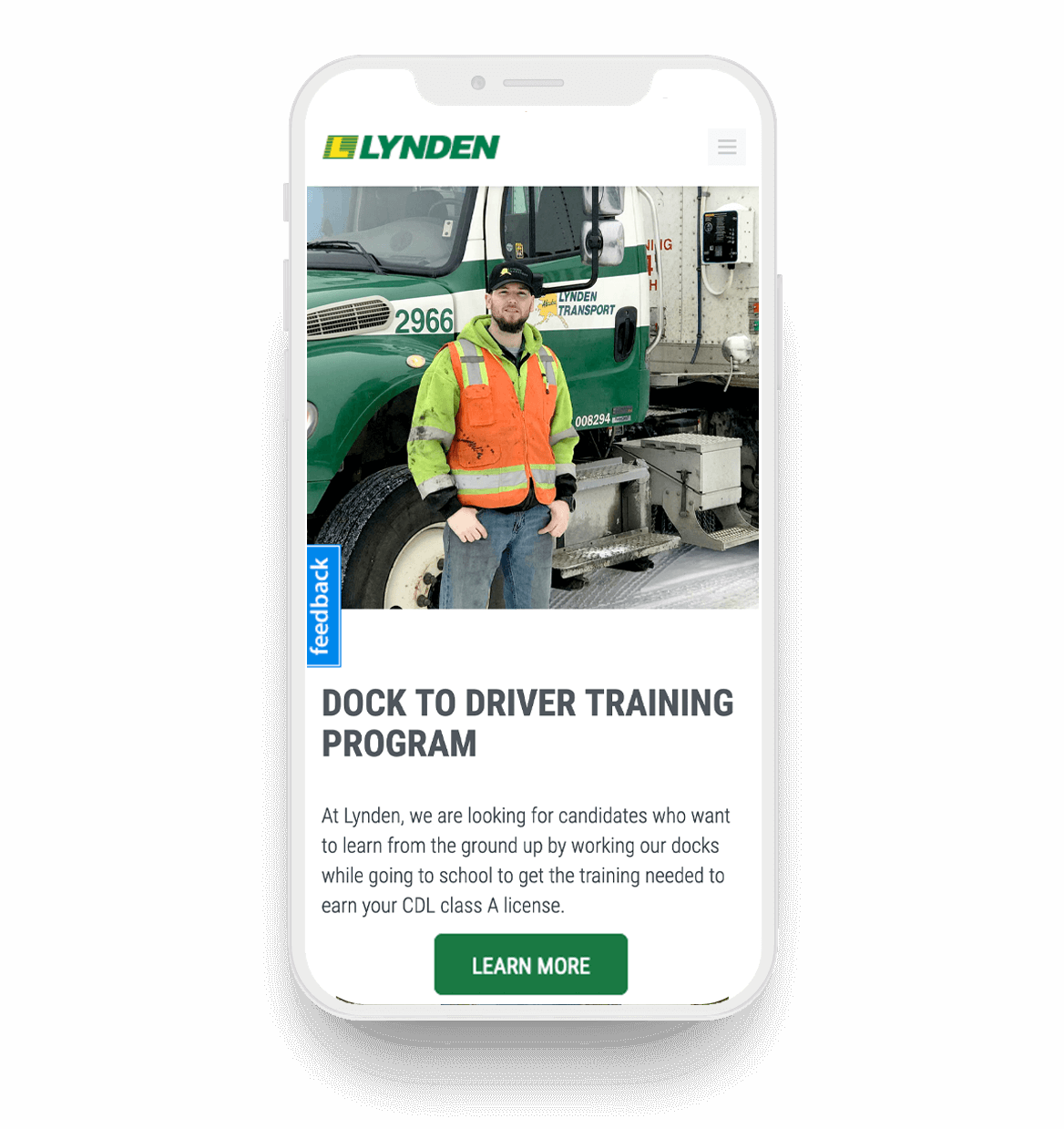 Mobile phone screen displaying Lynden's Dock to Driver Training Program