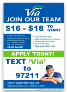 Via Mobility's poster lists job requirements, pay, and a shortcode to apply over text message.