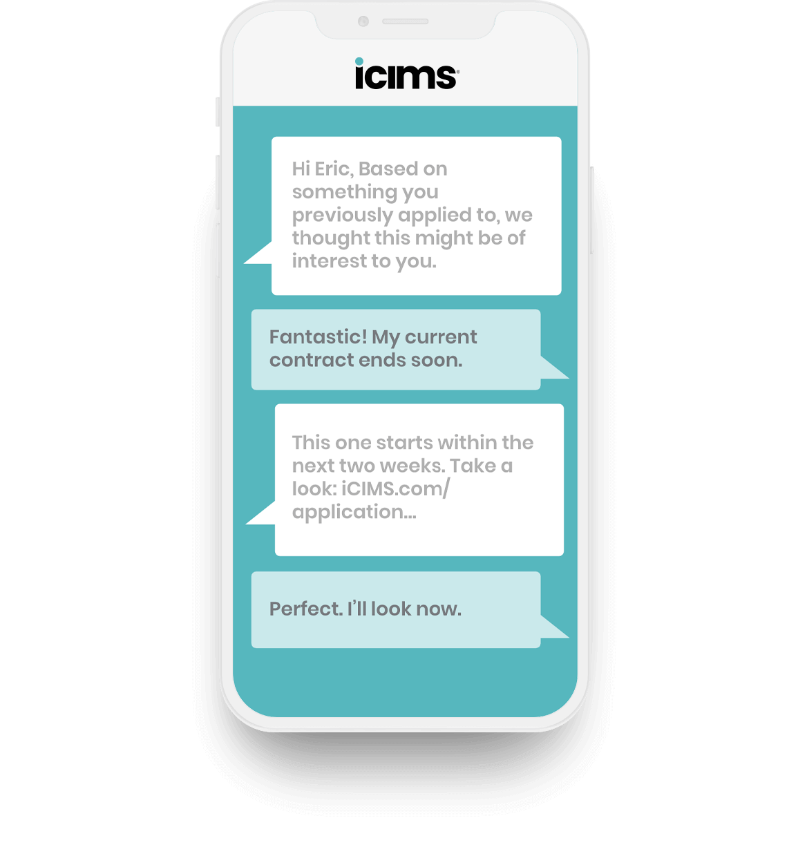 Mobile phone screen showing a text conversation through iCIMS' Applicant Tracking System (ATS)