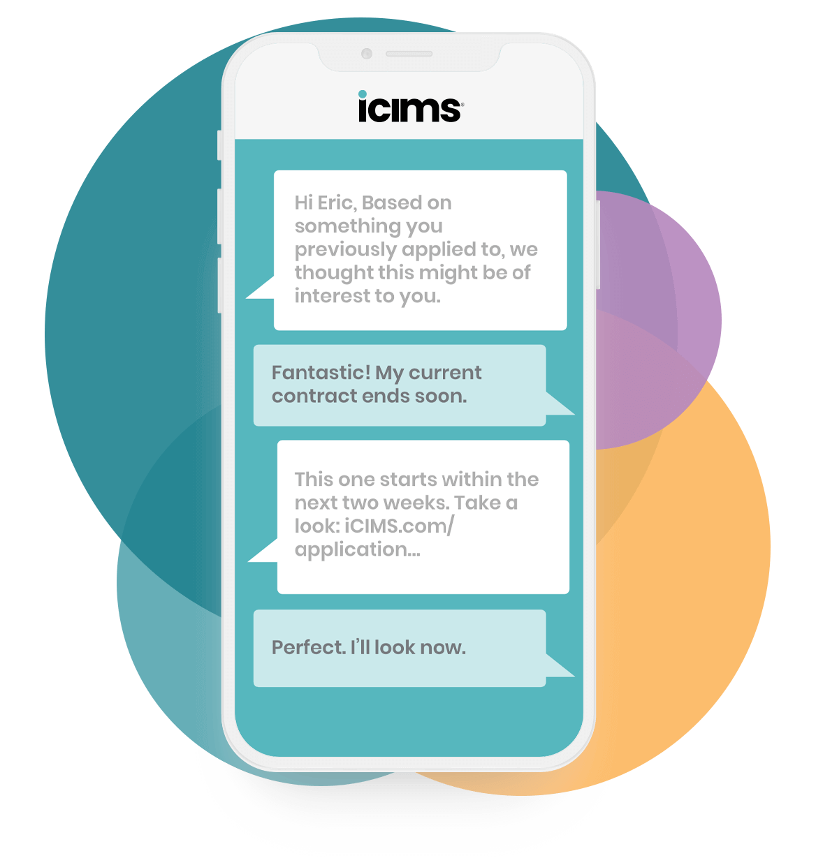 Recruiter and candidate texting through iCIMS Text Engagement text messaging software