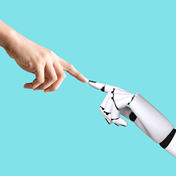 Human and AI robot touching hands
