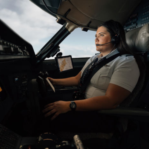 PSA Airlines pilot mans the controls