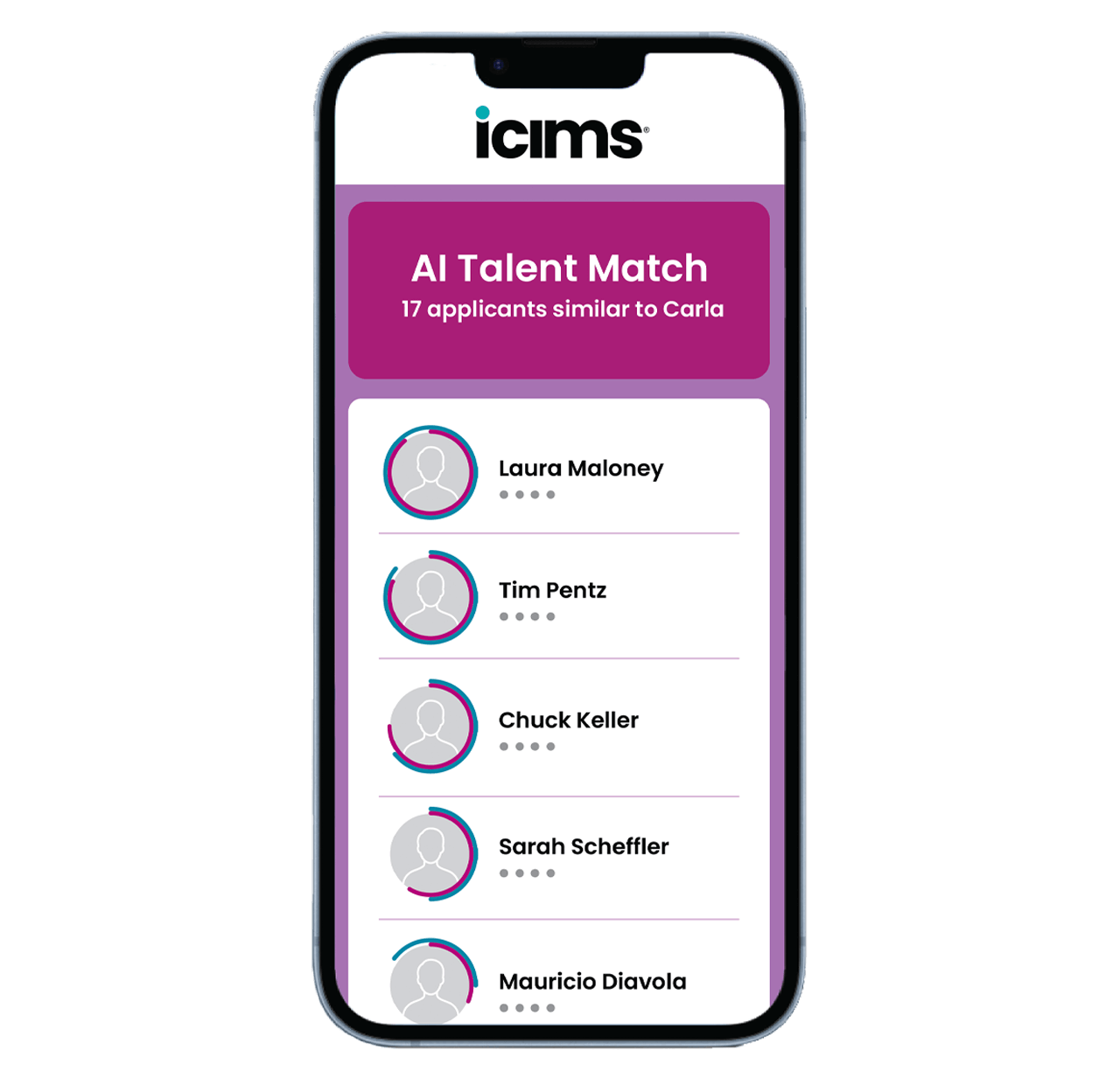 Rendering of a smartphone displaying a list of candidates discovered using iCIMS' AI Talent Match functionality