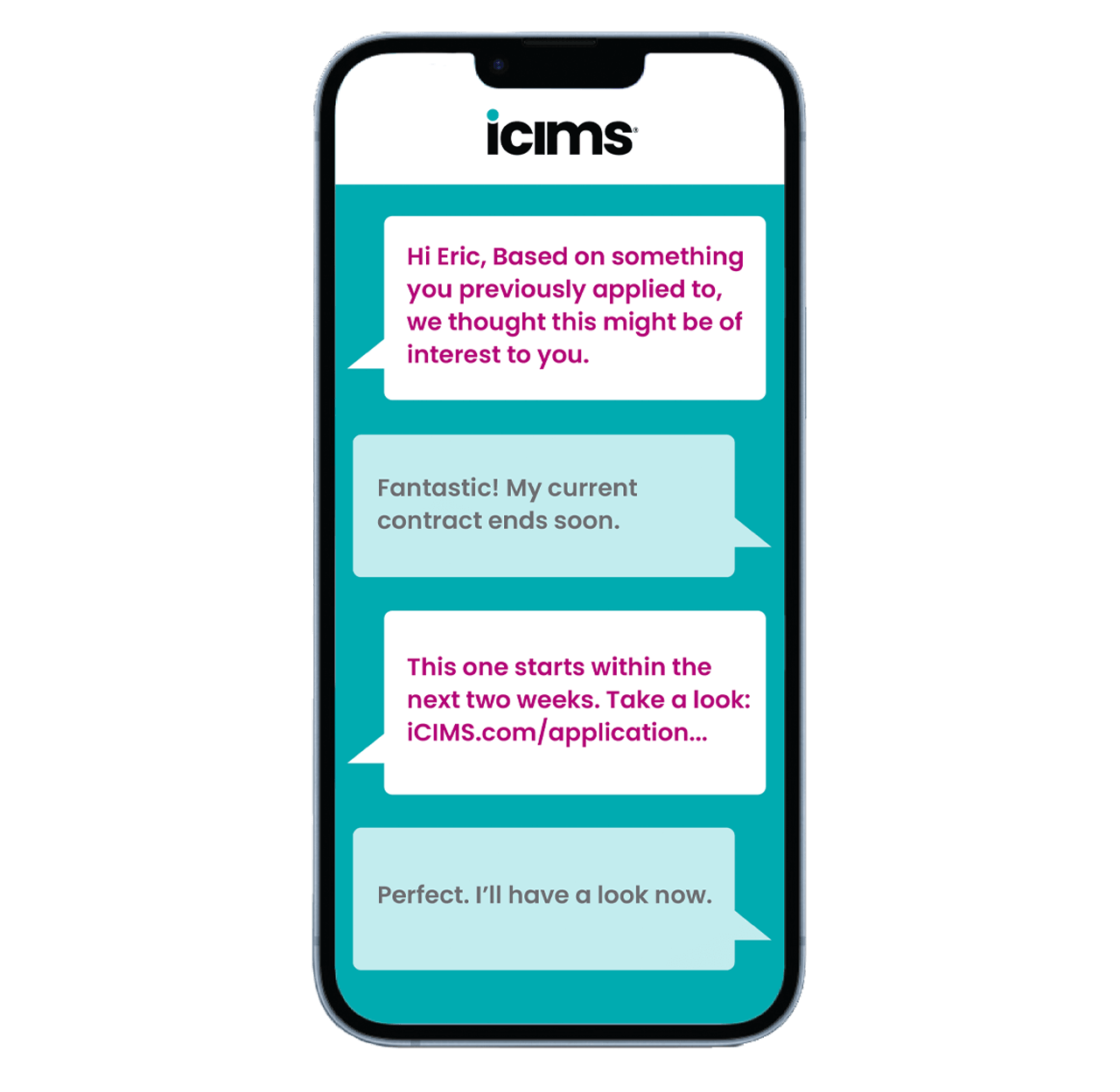 Représentation d'un smartphone affichant une conversation entre un candidat et l'IA conversationnelle d'iCIMS