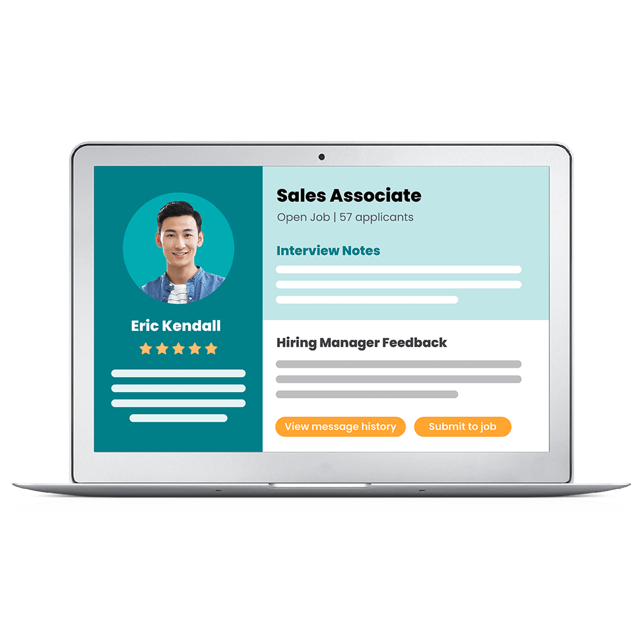 Représentation d'un écran d'ordinateur portable affichant le profil d'un candidat dans iCIMS Applicant Tracking