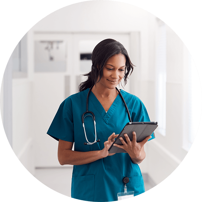A nurse recruiting candidates from her iPad using ICIMS' Talent Cloud software